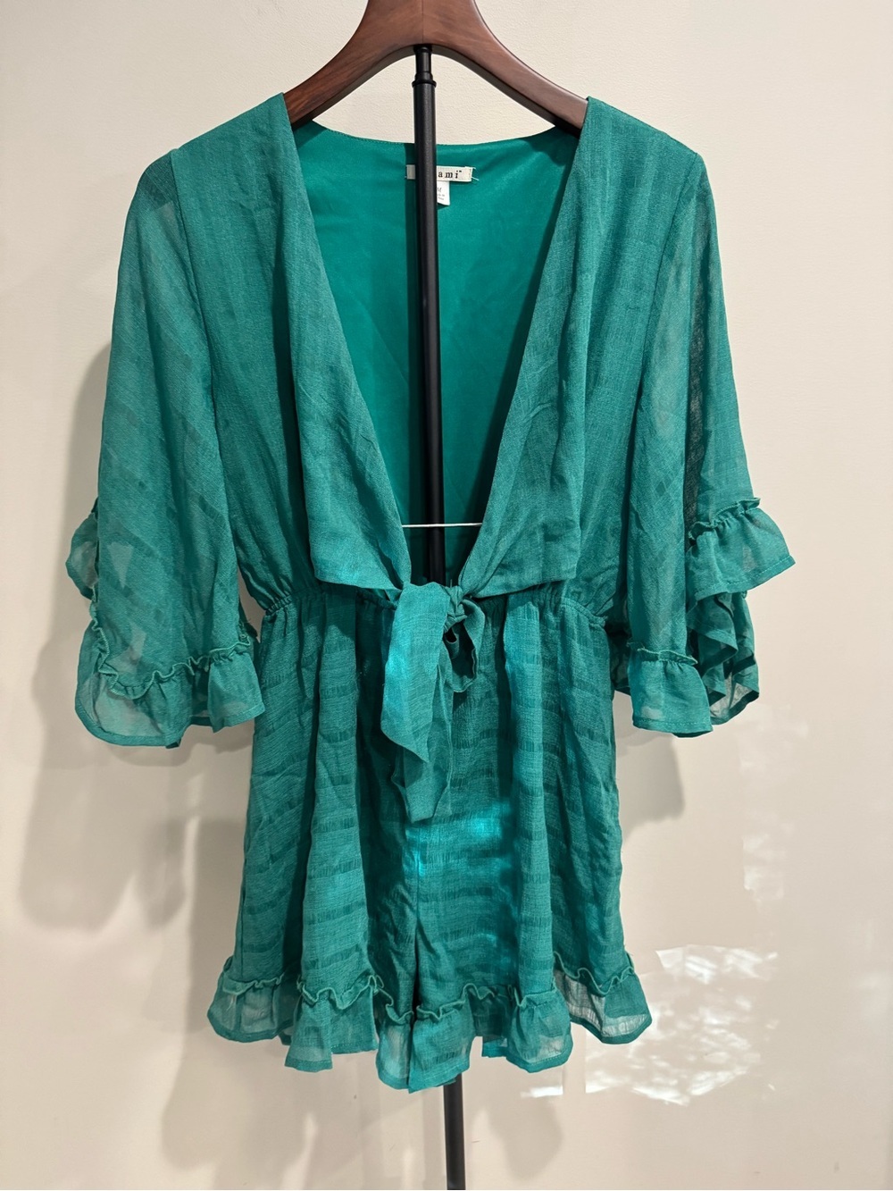 Mi ami by Francesca's Green Flowy Tie Front Lined Romper Boho Cottagecore Medium